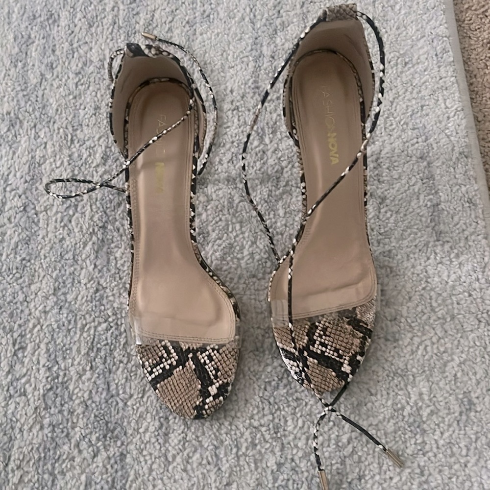 Fashion Nova Snakeskin Lace-Up Heels in Black, Brown, Cream